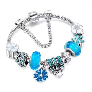 Blue Flower Charm Bracelet with LOVE Pendant - Pan Style, NWT